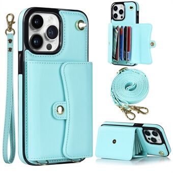 Voor iPhone 14 Pro Max RFID Blocking Phone Case Kickstand Accordeon Style Card Holder Phone Cover met korte riem en lange riem