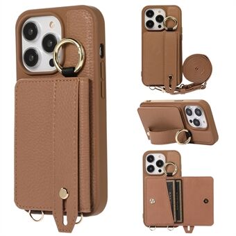 Voor iPhone 14 Pro Max Handriem Kickstand Telefoonhoes Kaarthouder Leer + TPU Cover met schouderriem