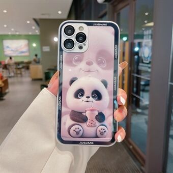 Voor iPhone 14 Pro Max Melk Thee Panda Patroon Afdrukken Gehard Glas + TPU Case Telefoon Cover met Lens Film