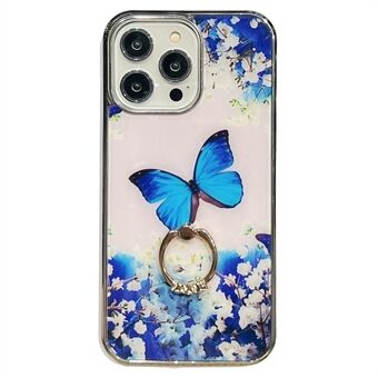 Voor iPhone 14 Pro Max Ring Telefoonhoes IMD Bloemenpatroon Galvaniseren PC + TPU Cover