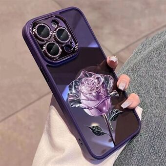 Voor iPhone 14 Pro Max Rose Flower Pattern Glitter Camera Ring Phone Case TPU Cover met Lens Film