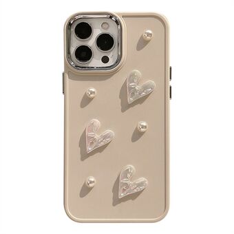 Voor iPhone 14 Pro Max 3D Heart Pearl Decor TPU Cover Drop Resistant Phone Back Case - Melkwit