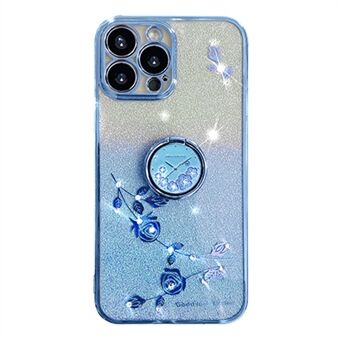 Voor iPhone 14 Pro Max mobiele telefoonhoes met glitterbloemmotief en Ring TPU anti-collision cover