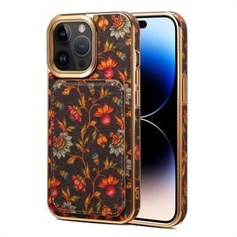 Voor iPhone 14 Pro Max Bloemenpatroon Afdrukken Achterkant PU-leer Gecoat PC+TPU Kaartsleuf Standaard Telefoonhoesje