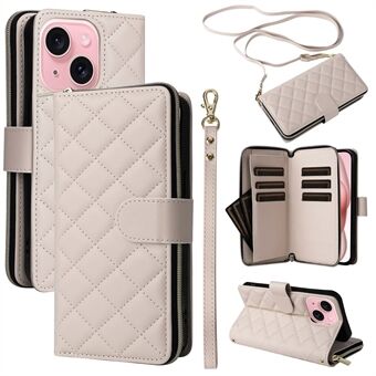 Voor iPhone 15 hoesje Leren Zipper Portemonnee Telefoonhoes Rhombus Ruitpatroon