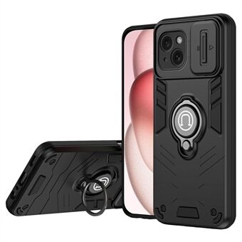 Voor iPhone 15 hoesje Ring Kickstand PC+TPU telefoonhoesje met schuiflensdeksel