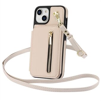 Voor iPhone 15-hoes met rits, leer+TPU, kickstand en schouderband