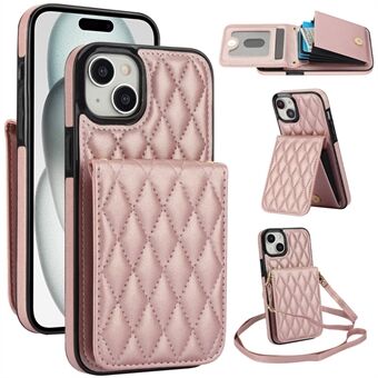 Voor iPhone 15 hoesje, leren+TPU schoudertasje telefoonhoes met kaarthouder en kickstand.