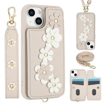 SY-001 Voor iPhone 15 Hoesje Bloemen Lederen gecoate TPU Telefoonhoes met Schouderband