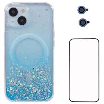 WANLONFENG JWT-serie voor iPhone 15 Glitter Sequin TPU + Acryl Magnetisch Telefoonhoesje met Schermfolie + Lensfolie - Blauw