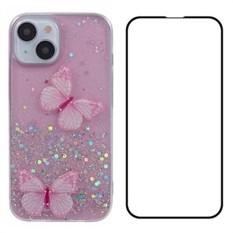 WANLONFENG AW Serie voor iPhone 15 TPU Hoes PVC 3D Vlinder Epoxy Telefoonhoesje met HD Film