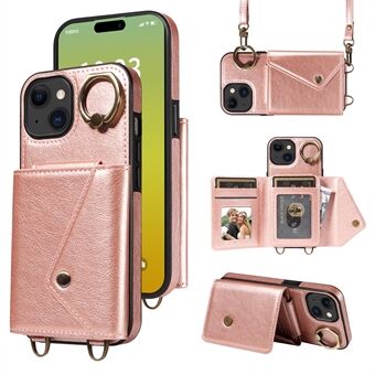 002 Voor iPhone 15 Hoes Rotatie Ring Kaart Houder PU Lederen Achterkant Crossbody Band