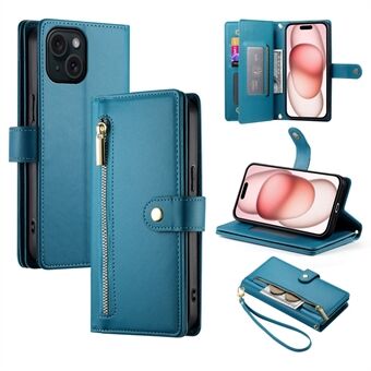 DF-011 Voor iPhone 15 Hoes Crossbody Leren Cover met Ritsvak Meerdere Kaartsleuven