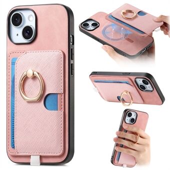 Voor iPhone 15 Hoes Ring Kickstand Leer+TPU+PC Telefoonhoes Afneembare 2-in-1 Kaartenhouder