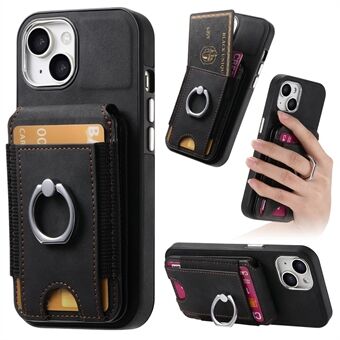 E6 Voor iPhone 15 Hoes Skin-Touch Textuur Verticale Flap Kaarthouder Ring Houder Kickstand Anti-Val Bescherming