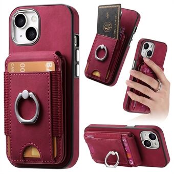 E6 Voor iPhone 15 Hoes Skin-touch Textuur Verticale Flip Kaart Houder Ring Houder Kickstand Anti-val Cover