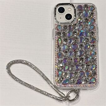 Voor iPhone 15 Hoesje Elektroplating Glas Rhinestones PC+TPU Telefoonhoes met Polsbandje