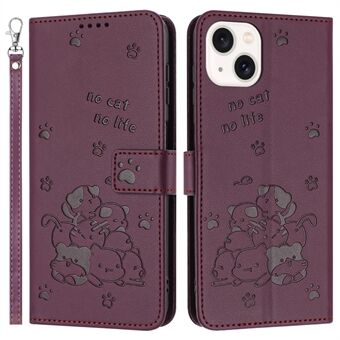 Voor iPhone 15 Hoesje met Bandje Kattenafdruk Leren Portemonnee Telefoonhoesje