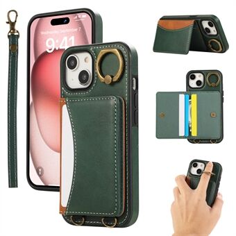 Voor iPhone 15 PU Leren Achterkant Hoesje Kaart Houder Kickstand Telefoonhoesje met Polsbandje