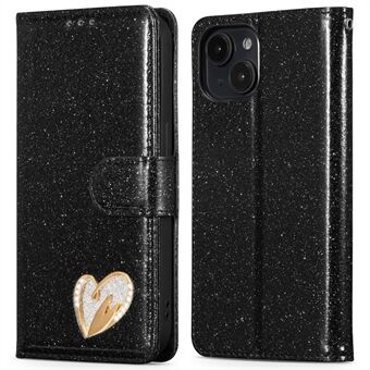 Voor iPhone 15 Glitter Leren Hoesje met Diamanten Liefde Hart Portemonnee Standaard Flip Cover