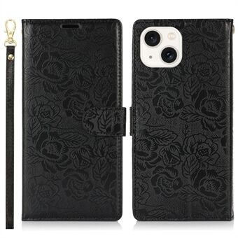 Voor iPhone 15 Hoes met Handriem Bloemenafdruk Leren Portemonnee Telefoonhoesje