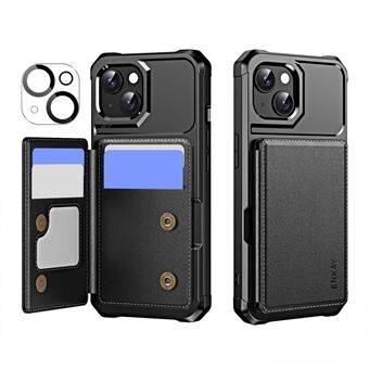 Voor iPhone 15 ENKAY Hat-Prince Portemonnee Kaartsleuf Kickstand PU Lederen +TPU Achterkant Telefoonhoes met Cameralens Film