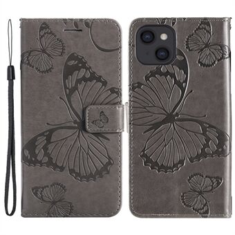 KT Imprinting Bloemen Serie-2 Voor iPhone 15 Vlinder Imprint Leren Telefoonhoes Portemonnee Stand Cover