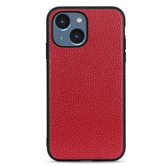 Litchi Textuur Telefoonhoesje voor iPhone 15, Gemaakt van echt rundleer + PC + TPU Anti-kras hybride hoesje