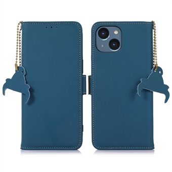 Voor de iPhone 15 Wallet Telefoonhoes met RFID-blokkering, gemaakt van TPU en echt koeienleer, met een standaardfunctie.