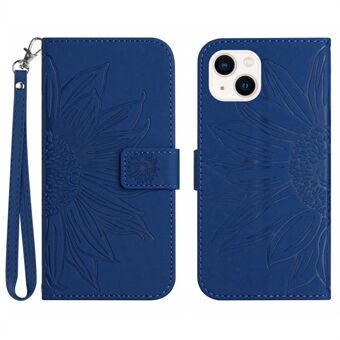 HT04 voor iPhone 15 hoesje met zonnebloempatroon, aanraakscherm en standaard, lederen portemonnee hoesje met handriem.