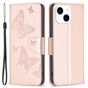 Voor iPhone 15 Opvouwbare Stand Portemonnee Telefoon Flip Hoesje met Vlinder Gedrukt Lederen Cover en Strap