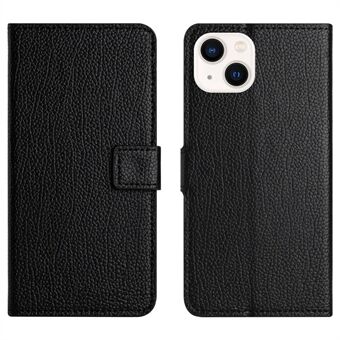 Litchi-textuur PU-lederen telefoonhoesje voor iPhone 15, Portemonnee Stand Anti-val Cover - Zwart