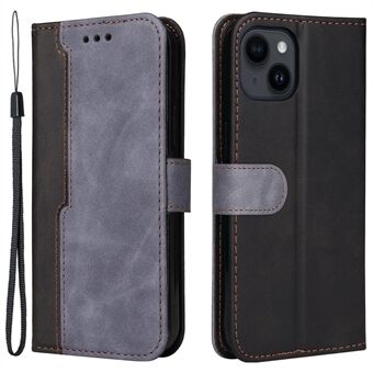 Telefoon portemonnee hoesje voor iPhone 15 in zakelijke stijl. Gemaakt van PU-leer met een dual-color splicing design. Het hoesje is voorzien van een flip stand en biedt bescherming tegen vallen.