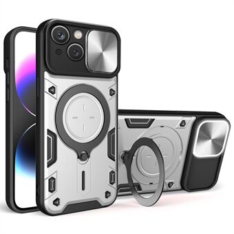 Voor de iPhone 15, een draaibare kickstand PC+TPU cover met camera slider en anti-kras telefoonhoesje.