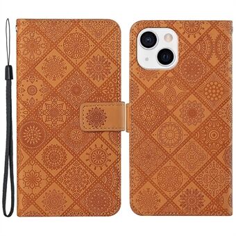 Leren portemonnee hoesje voor iPhone 15, bedrukt met bloemen, schokbestendige telefoonstandaard cover.