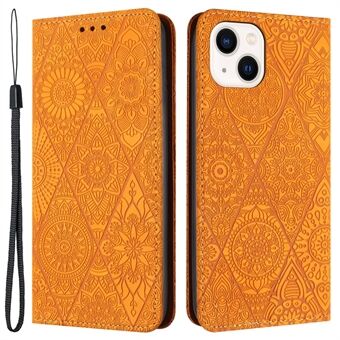 Portemonnee hoesje voor iPhone 15, volledig omhuld met PU-leer, retro bloemenprint, telefoonstandaard hoesje.