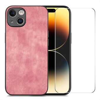 ENKAY HAT PRINCE Voor iPhone 15 Retro Textuur Telefoonhoesje PU Lederen Gecoate PC Cover met Hoge Aluminium-siliconen Glasfolie