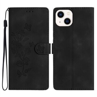 Voor de telefoonhoes van de iPhone 15, geïmpregneerd met bloemenprint, anti-vingerafdruk, PU-leren magnetische standaardhoes.