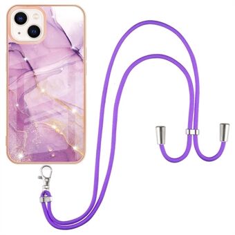 YB IMD-serie 9 voor iPhone 15 IMD marmeren patroon telefoonhoesje met elektroplating TPU-cover en lanyard.