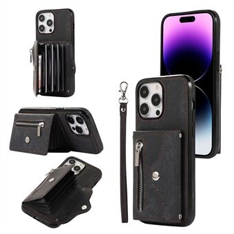 Voor iPhone 15 Ritssluiting Zakje Kickstand Telefoonhoesje PU Leer+TPU RFID-blokkerende Portemonneehoes met Polsband