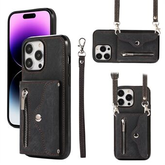 Voor iPhone 15 Ritsvak Telefoonhoesje PU Leer+TPU RFID Blokkerende Portemonnee Kickstand Cover met Bandjes.