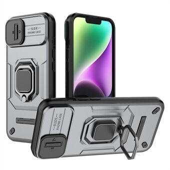 Voor iPhone 15 PC+TPU stootbestendig telefoonhoesje met schuifbare lensbescherming en kickstand-cover.