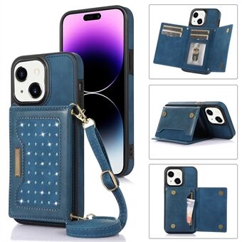 Voor iPhone 15 RFID-blokkerende PU-lederen + TPU-hoesje met portemonneefunctie, versierd met strass-steentjes, kickstand en schouderriem.