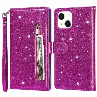 Voor de iPhone 15 Glittery Rits Zakleren Hoes Portemonnee Stand Anti-val Telefoonhoes