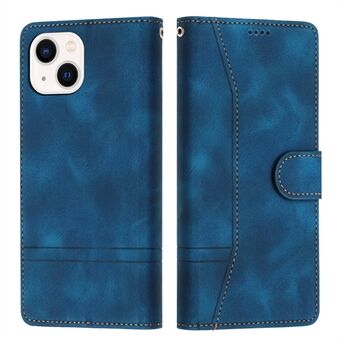 L002 Stitching Retro Leren Telefoonhoesje voor iPhone 15, Portemonnee Stand Lijn Gedrukt Hoesje