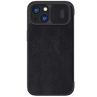 NILLKIN Qin Pro-serie voor iPhone 15 PU Leren Telefoonhoesje met Kaartsleuf Beschermende Hoes met Schuifbare Cameraklep