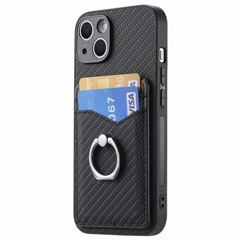 Mobielhoesje voor iPhone 15, Portemonnee Carbon Fiber Textuur PU Leer+PC+TPU Telefoonhoesje met Ring Kickstand