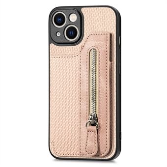 Ritssluiting Zak Koolstofvezel Telefoonhoesje voor iPhone 15, Standaard PU Leren Bedekte PC+TPU Cover