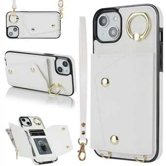 Voor iPhone 15 Rits Portemonnee Telefoonhoesje PU Leer+TPU Ringstandaard Achterkant met 2 Bandjes.