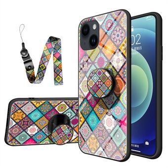 Voor iPhone 15 Gehard Glas+PC+TPU Hoesje met Bloemenpatroon, Telefoonstandaard en Lanyard